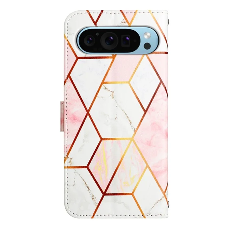 For Google Pixel 9 / Pixel 9 Pro Case with Strap Marble Pattern Leather Phone Cover Card Holder - Pink+White LS002