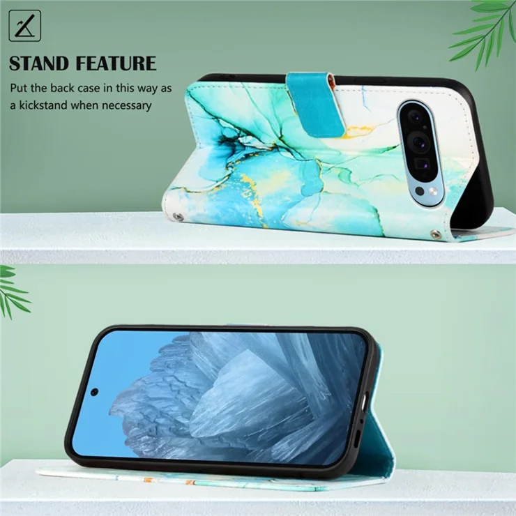 For Google Pixel 9 / Pixel 9 Pro Case with Strap Marble Pattern Leather Phone Cover Card Holder - Green LS003