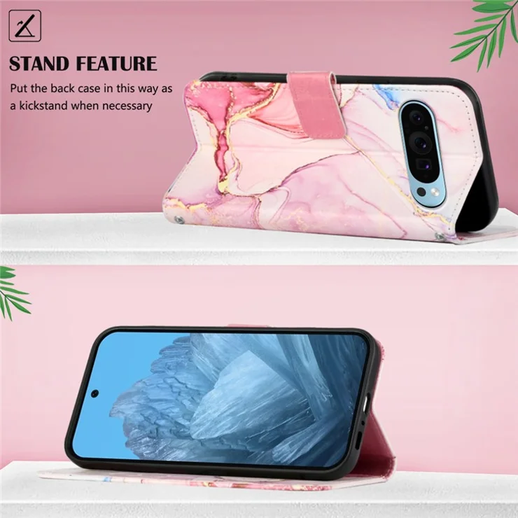 For Google Pixel 9 / Pixel 9 Pro Leather Case with Shoulder Strap Marble Pattern Phone Stand Cover - Rose Gold LS005
