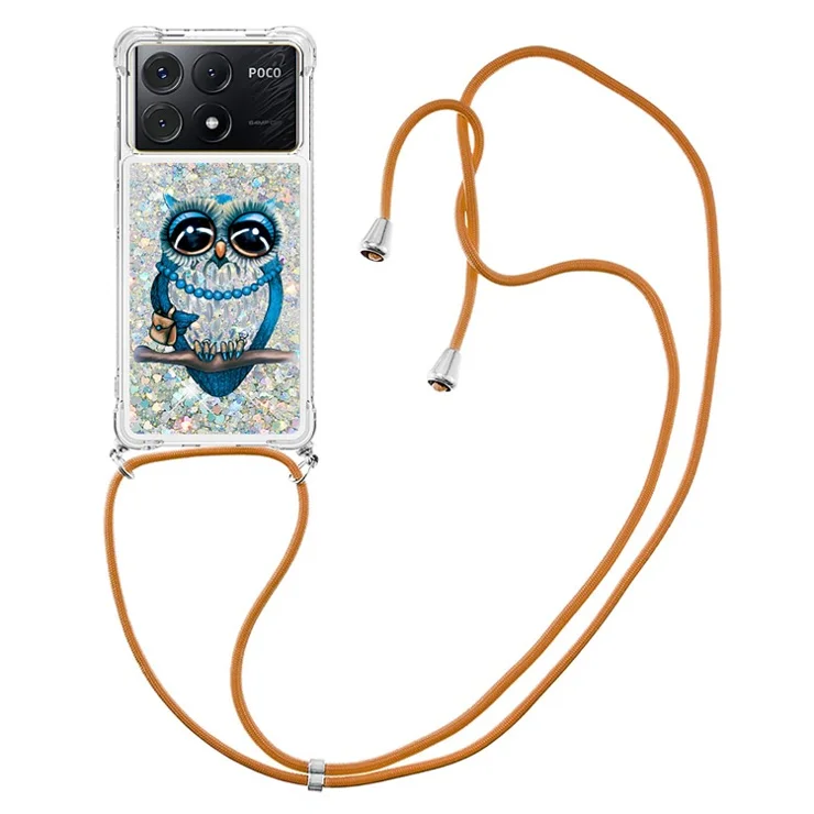 For Xiaomi Poco X6 Pro 5G / Redmi K70E 5G TPU Case with Lanyard Quicksand Pattern Print Phone Cover - Owl