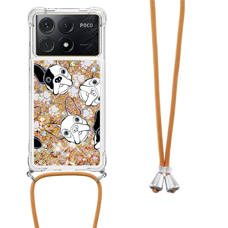 For Xiaomi Poco X6 Pro 5G / Redmi K70E 5G TPU Case with Lanyard Quicksand Pattern Print Phone Cover - Black+White Puppy