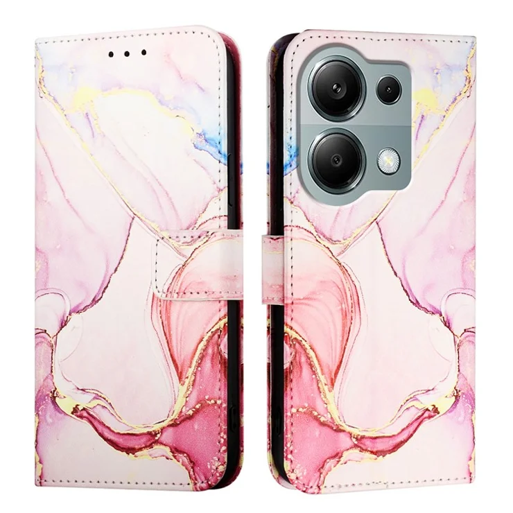 For Xiaomi Redmi Note 13 Pro 4G / Poco M6 Pro 4G Leather Case with Shoulder Strap Marble Pattern Phone Stand Cover - Rose Gold LS005