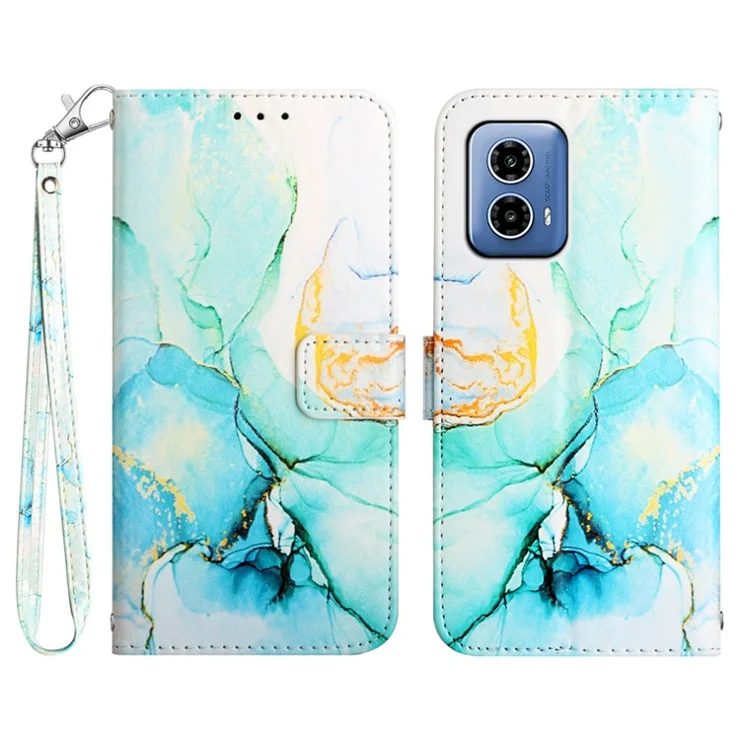 For Motorola Moto G45 5G / G34 5G Case with Strap Marble Pattern Leather Phone Cover Card Holder - Green LS003