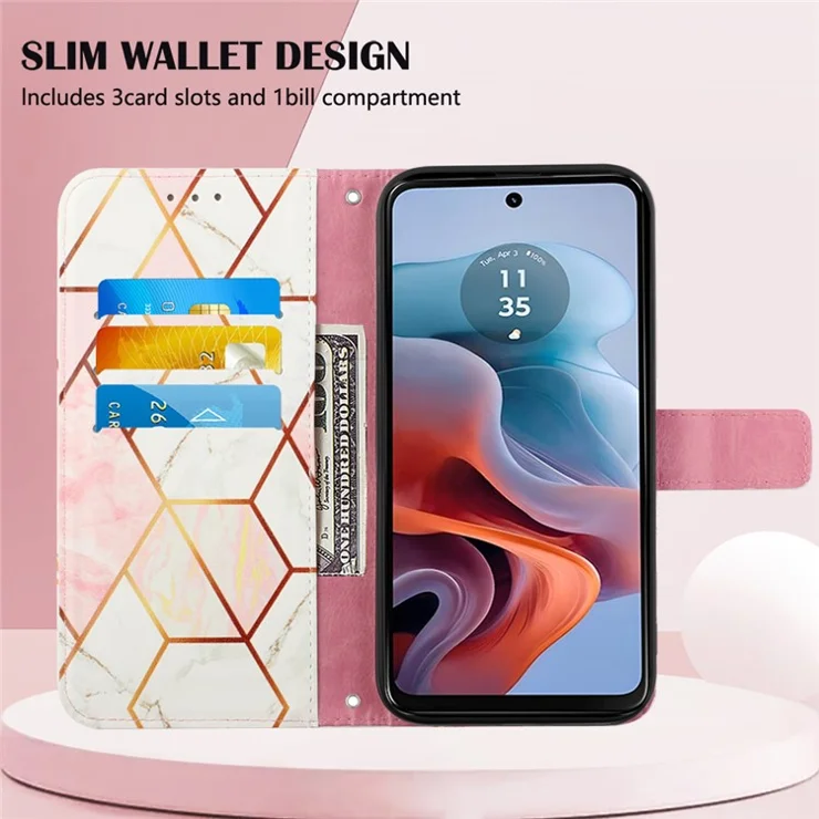 For Motorola Moto G45 5G / G34 5G Leather Case with Shoulder Strap Marble Pattern Phone Stand Cover - Pink / White LS002