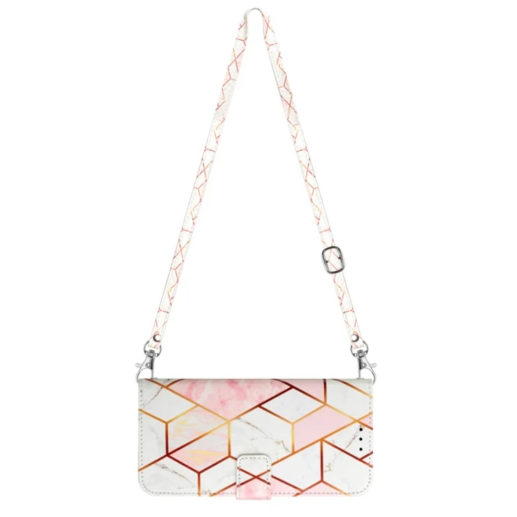 For Motorola Moto G45 5G / G34 5G Leather Case with Shoulder Strap Marble Pattern Phone Stand Cover - Pink / White LS002