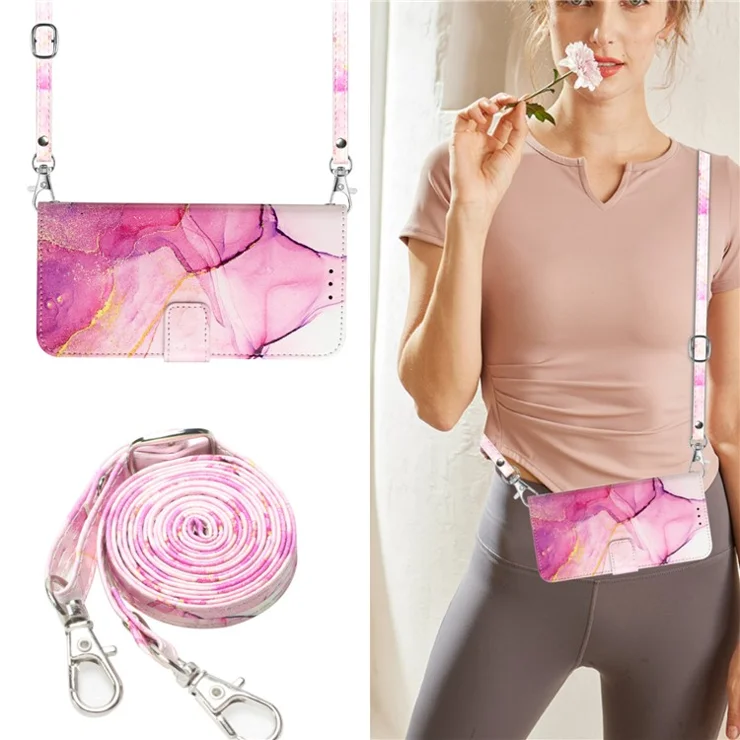 For Motorola Moto G45 5G / G34 5G Leather Case with Shoulder Strap Marble Pattern Phone Stand Cover - Pink / Purple / Gold LS001