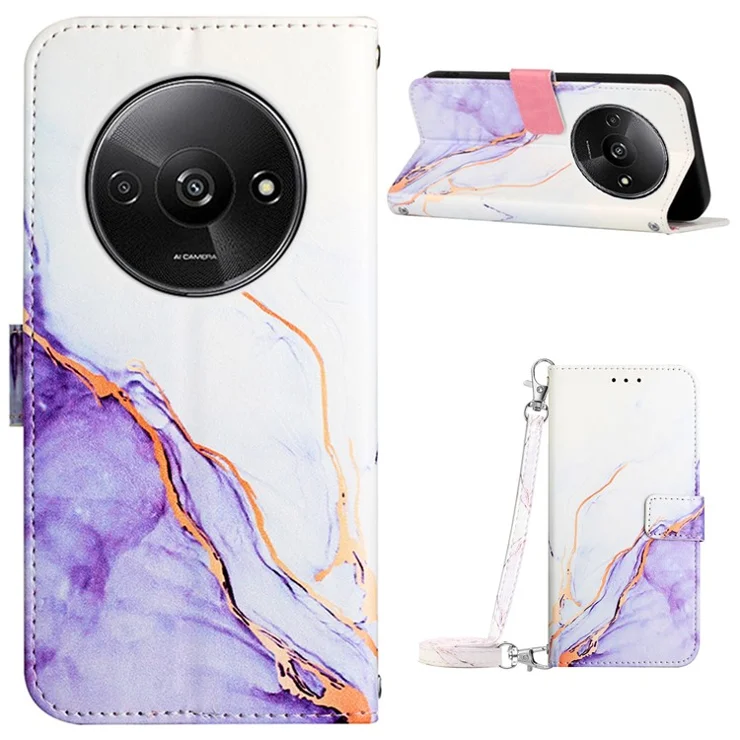For Xiaomi Redmi A3 / Poco C61 4G Leather Case with Shoulder Strap Marble Pattern Phone Stand Cover - White / Purple LS006