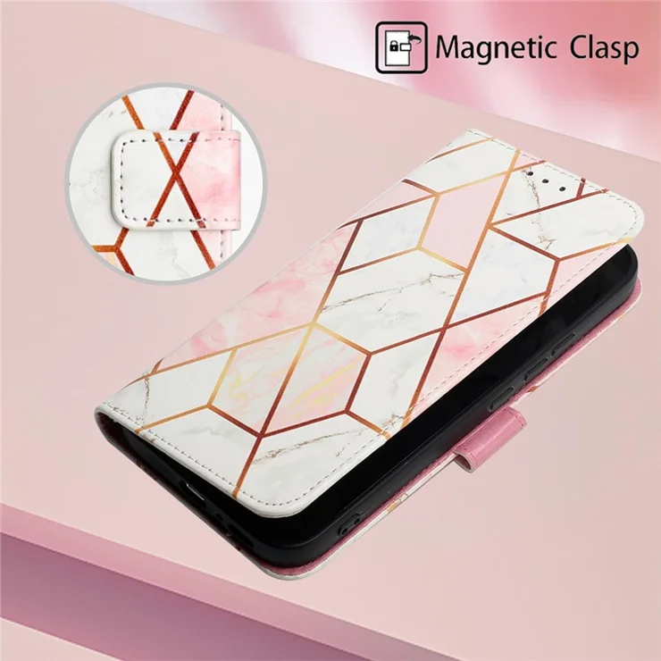 For Xiaomi Redmi Note 13 4G Leather Case with Shoulder Strap Marble Pattern Phone Stand Cover - Pink / White LS002