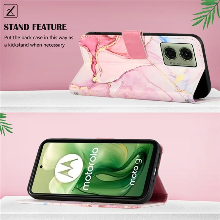 For Motorola Moto E14 4G / G04 4G / G04s 4G / G24 4G Leather Case with Shoulder Strap Marble Pattern Phone Stand Cover - Rose Gold LS005