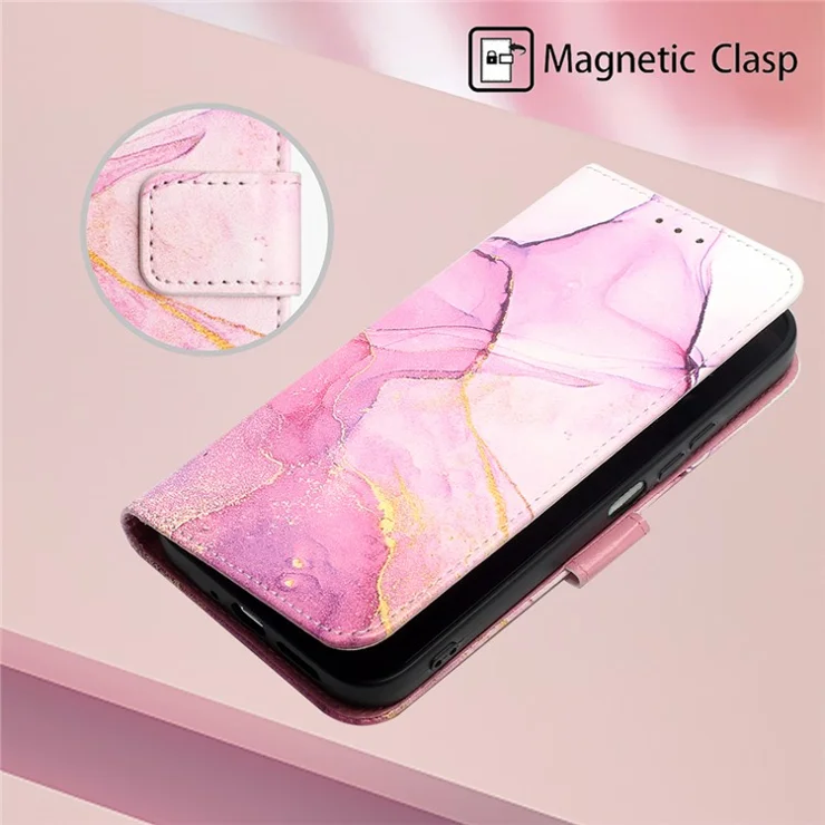 For Motorola Moto E14 4G / G04 4G / G04s 4G / G24 4G Leather Case with Shoulder Strap Marble Pattern Phone Stand Cover - Pink / Purple / Gold LS001