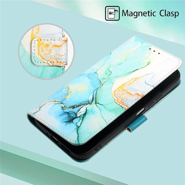 For Motorola Moto E14 4G / G04 4G / G04s 4G / G24 4G Leather Case with Shoulder Strap Marble Pattern Phone Stand Cover - Green LS003