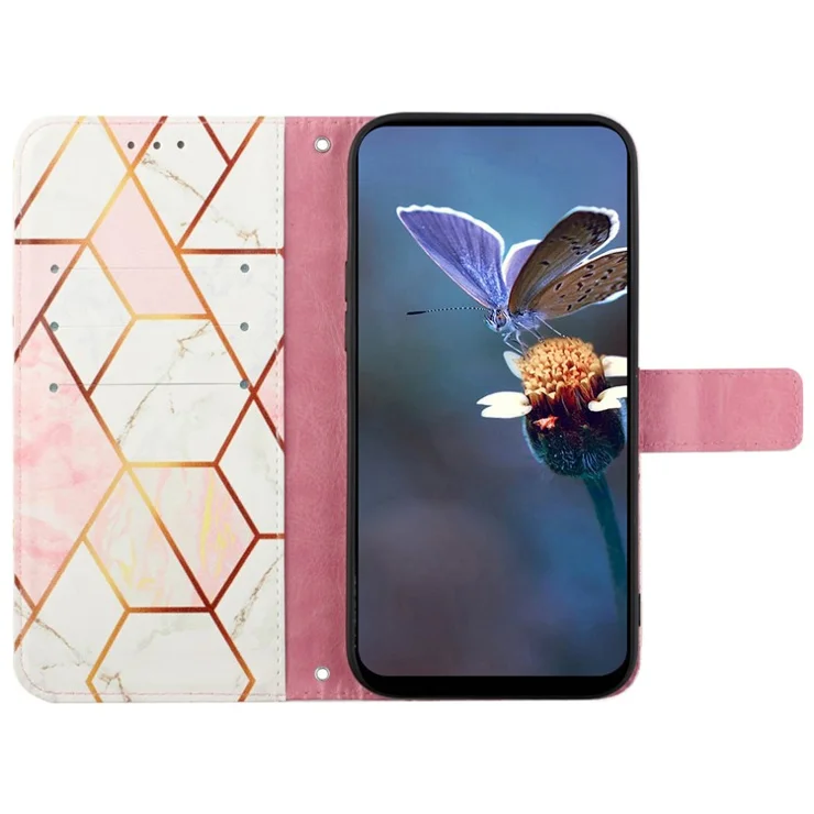 For Oppo Reno11 Pro 5G (Global) Leather Case with Shoulder Strap Marble Pattern Phone Stand Cover - Pink / White LS002