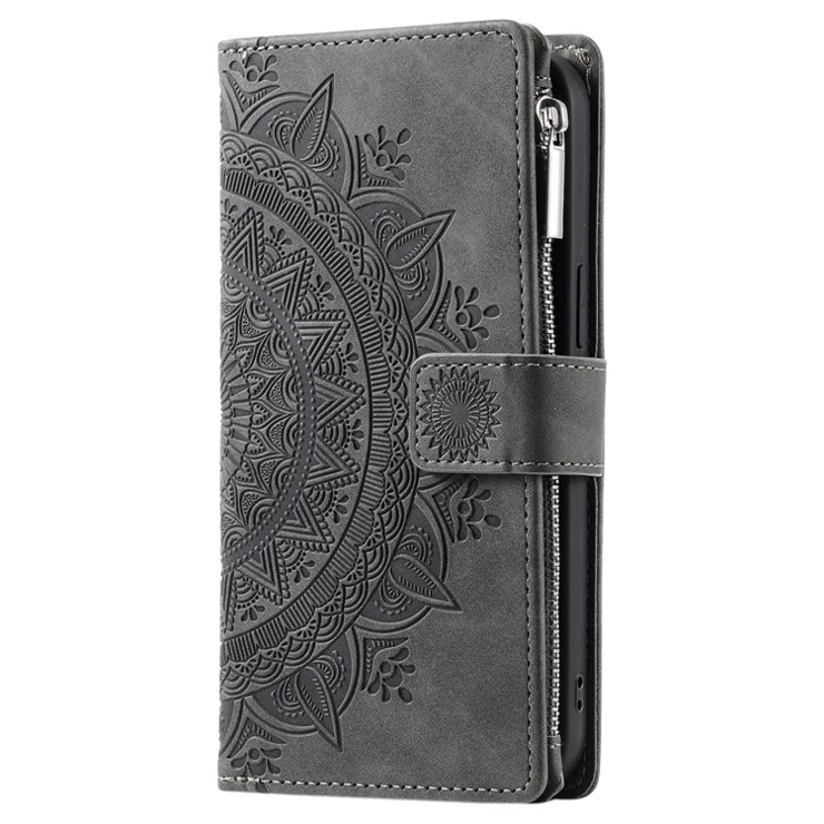For Xiaomi Redmi Note 13 Pro 4G / Poco M6 Pro 4G Case Zipper Leather Mandala Flower Wallet Phone Cover - Grey