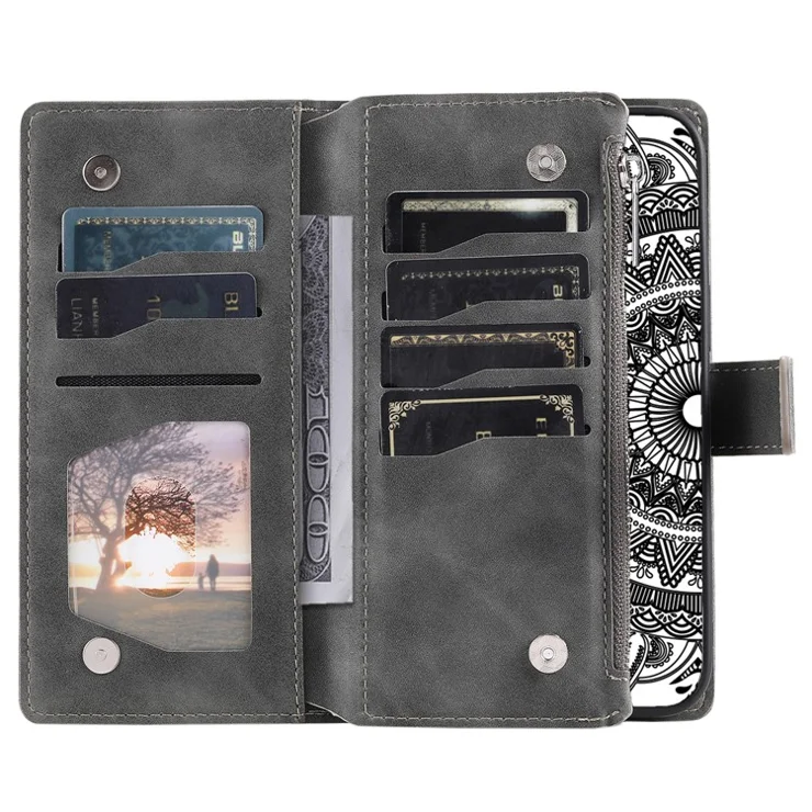 For Xiaomi Redmi Note 13 Pro 5G / Poco X6 5G Case Mandala Zipper Pocket Flip Leather Phone Cover with Strap - Grey