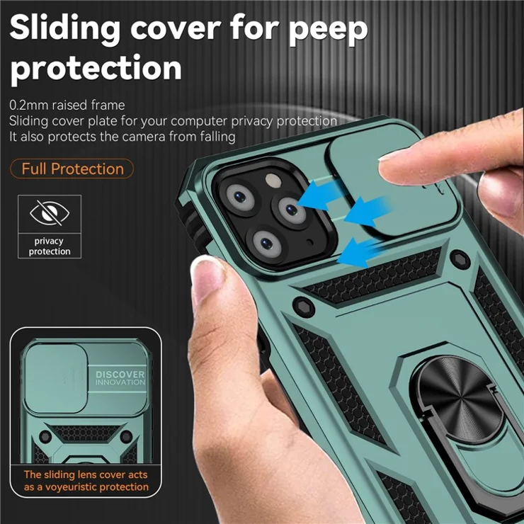 For iPhone 11 Pro Case Kickstand PC+TPU Hybrid Phone Shell with Camera Slide Cover - Blackish Green