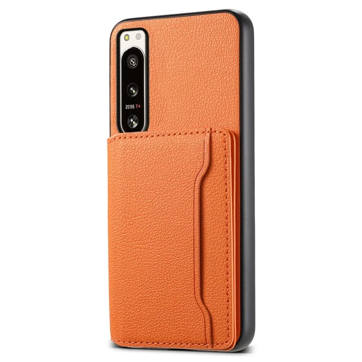 For Sony Xperia 5 IV 5G Case Drop-proof Calf Texture Card Holder Back Cover - Orange