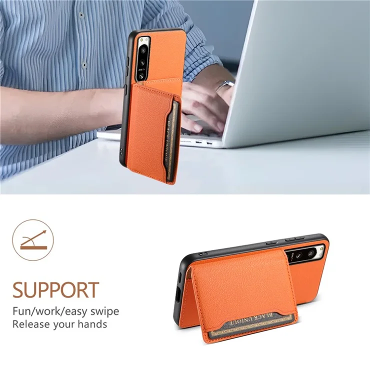 For Sony Xperia 5 IV 5G Case Drop-proof Calf Texture Card Holder Back Cover - Orange