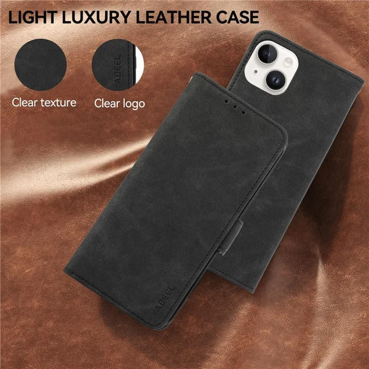 ABEEL For iPhone 15 Plus Leather Case Side Magnetic Clasp RFID Blocking Wallet Phone Cover - Black