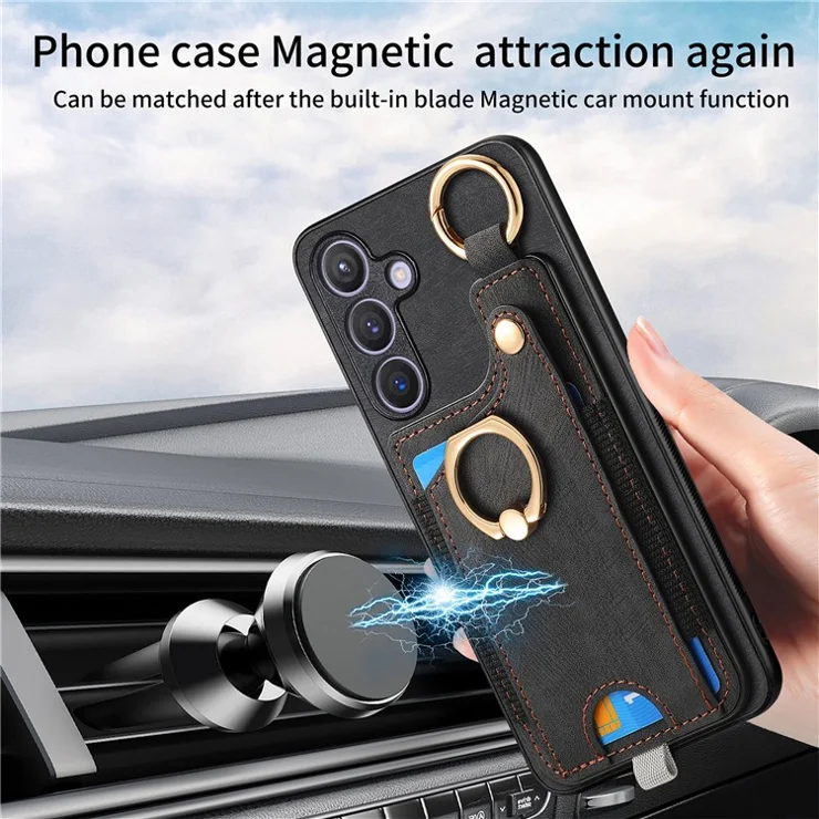 For Samsung Galaxy S24+ Case Card Holder TPU Phone Cover with Kickstand - Black
