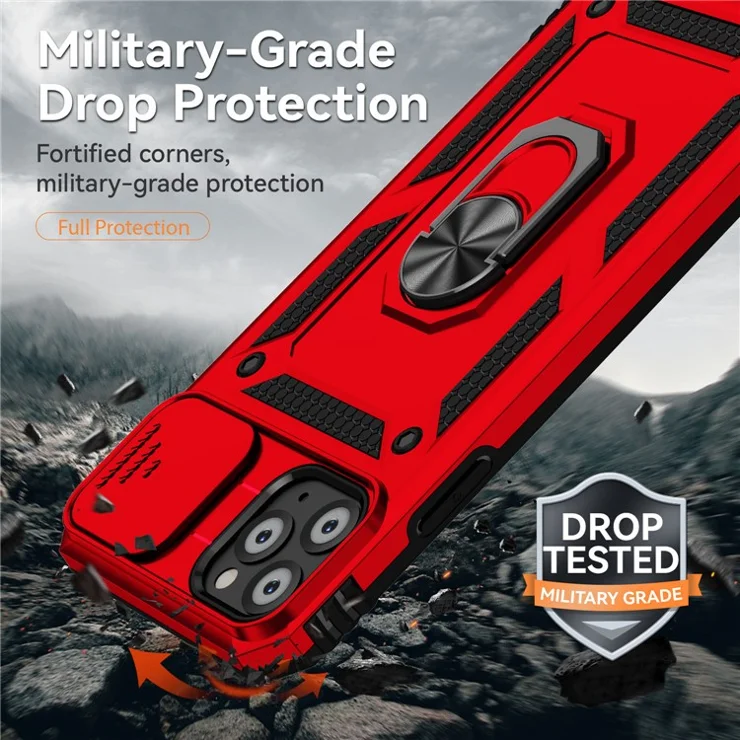 For iPhone 11 Pro Max Case with Camera Slide Protector PC+TPU Kickstand Armour Phone Cover - Red