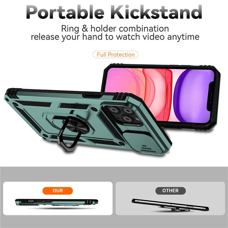 For iPhone 11 Pro Max Case with Camera Slide Protector PC+TPU Kickstand Armour Phone Cover - Green