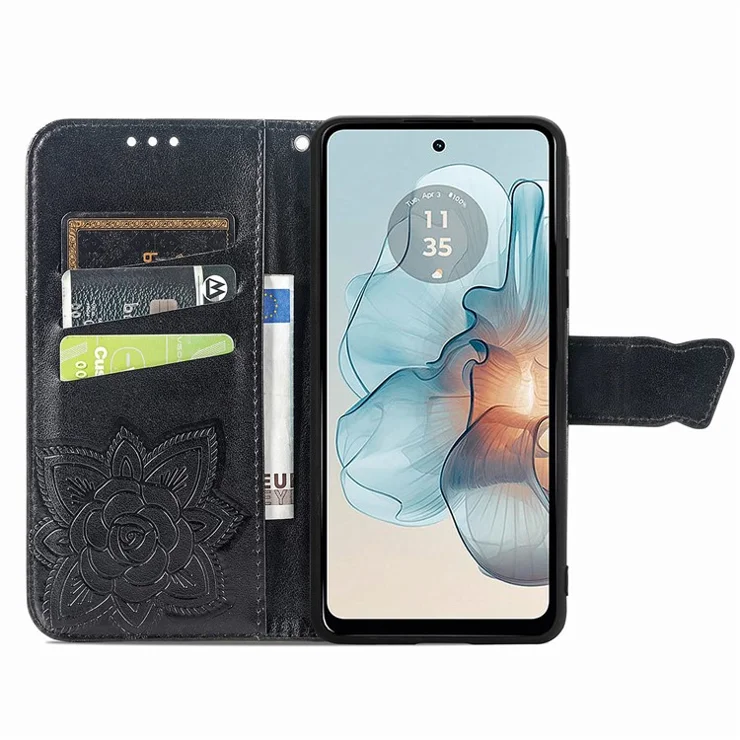 For Motorola Moto G24 Power Case Floral Butterfly PU Leather Flip Phone Cover - Black