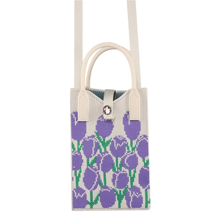 For 5.5'' / 6.7'' / 6.9'' Phones Crossbody Bag Knitted Pouches Purse Handbag - Purple Flower