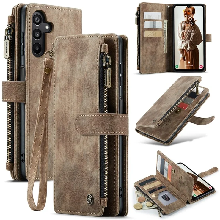For Samsung Galaxy A15 4G / 5G Phone Cases with Strap CASEME C30 Zipper Multiple Card Holder PU Leather Cover - Brown