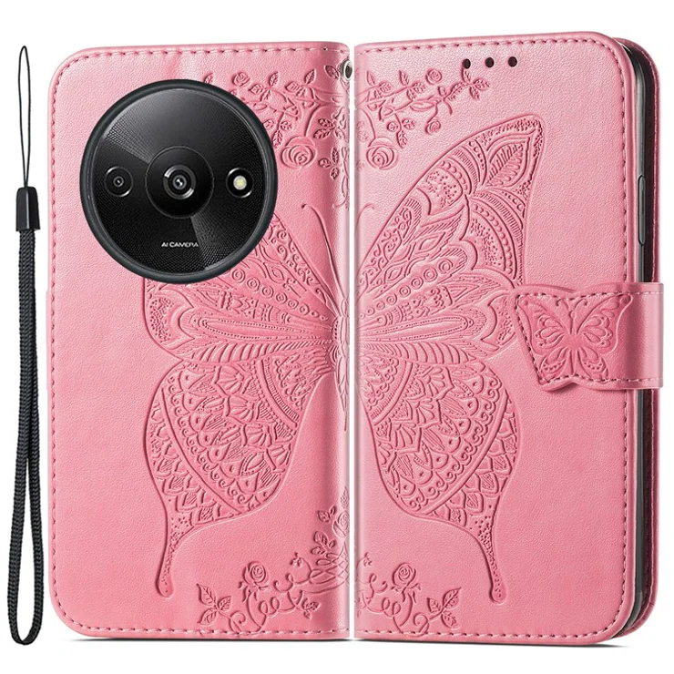 For Xiaomi Redmi A3 / Poco C61 4G Cellphone Stand Case Imprinted Pattern PU Leather Phone Cover - Pink