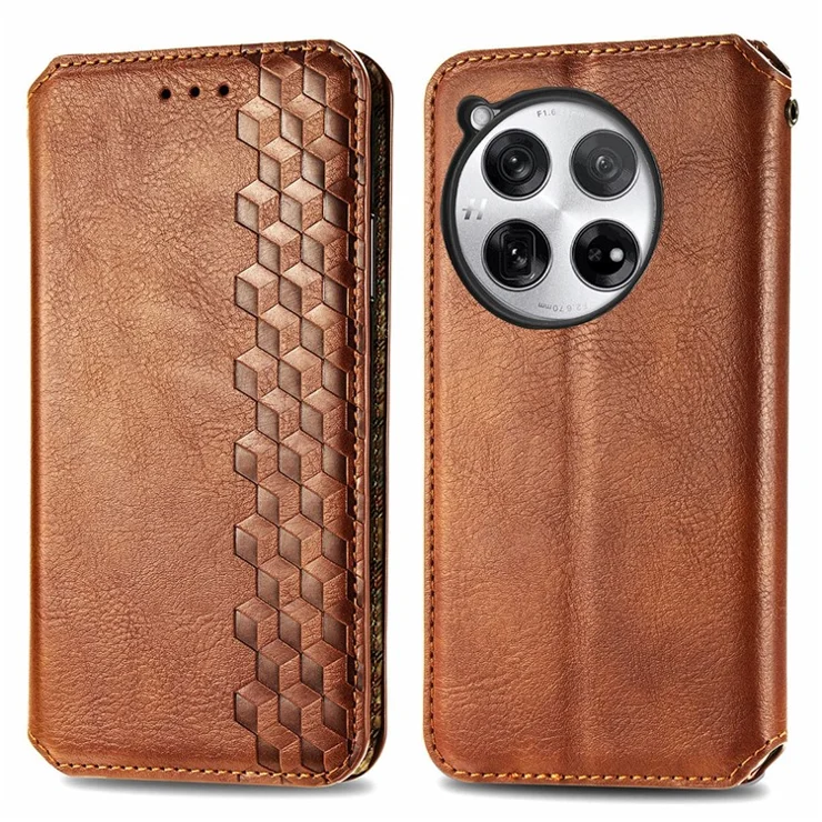 For OnePlus 12 5G PU Leather Case Rhombus Imprint Wallet Stand Phone Cover - Brown
