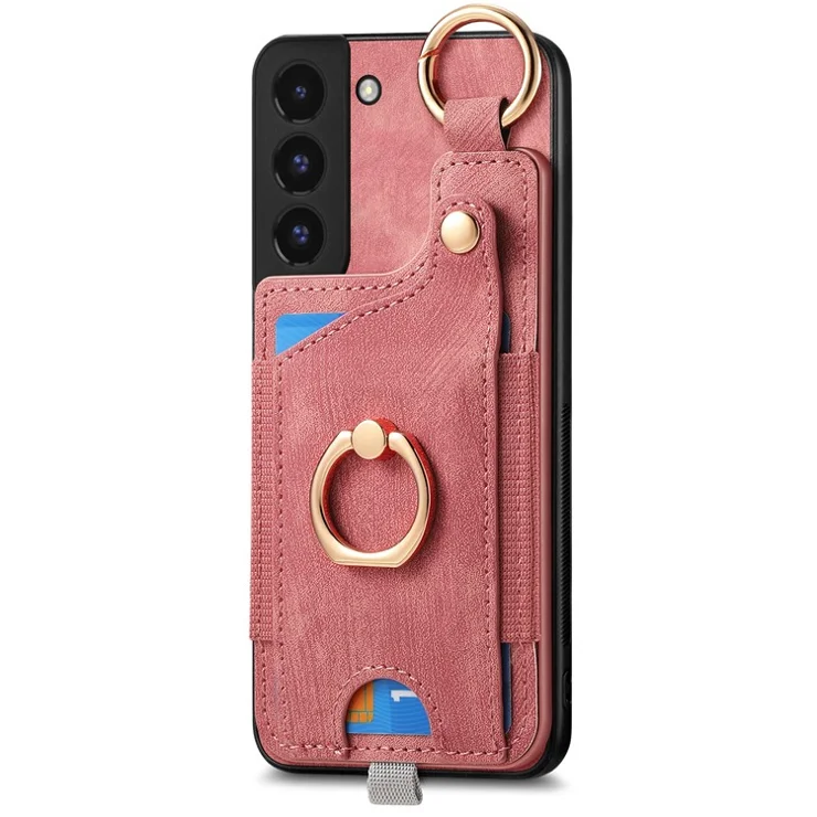 For Samsung Galaxy S22 5G Case Card Holder PU Leather+TPU Phone Shell - Pink