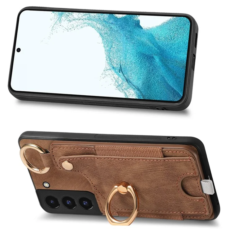For Samsung Galaxy S22 5G Case Card Holder PU Leather+TPU Phone Shell - Brown