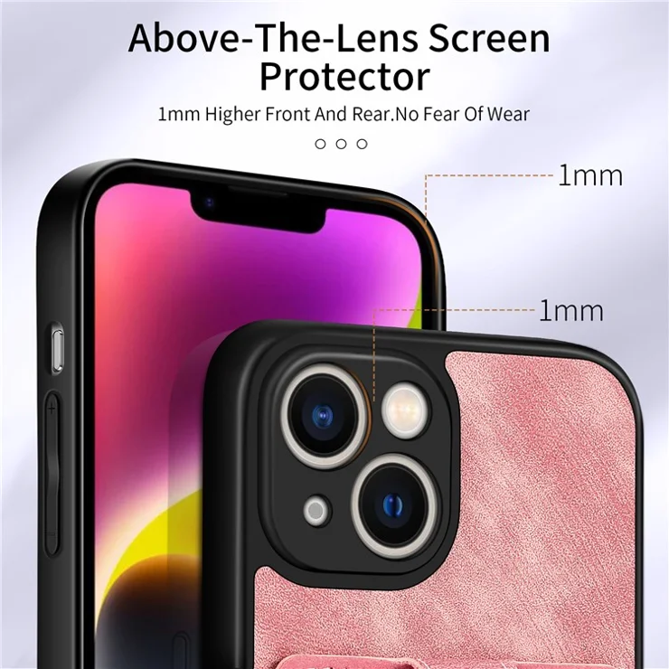 D2 Phone Case for iPhone 14 Ring Holder Kickstand TPU+PU Leather Phone Shell - Pink
