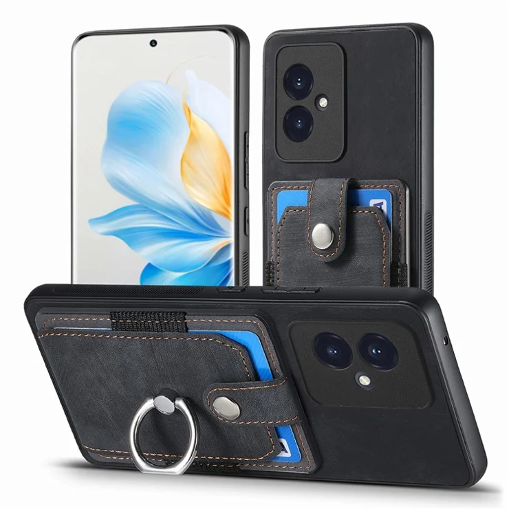 D2 Phone Cover for Honor 100 5G PU Leather+TPU Card Holder Phone Case with Kickstand - Black