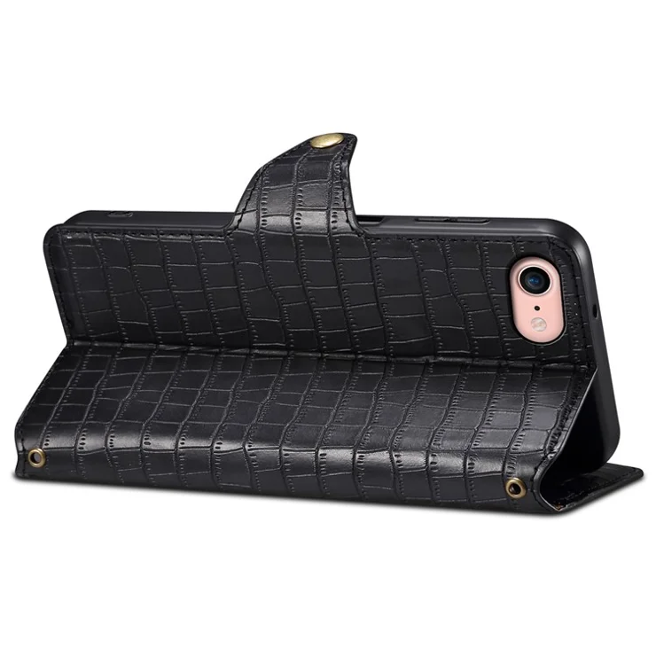 For iPhone 7 / 8 / SE (2020) / SE (2022) Case Folio Stand Feature Crocodile Texture Leather Phone Cover - Black