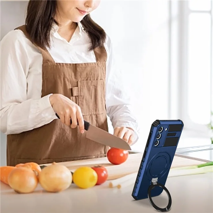 For Samsung Galaxy S21+ 5G Shockproof Case Kickstand PC+TPU Phone Cover Compatible with MagSafe - Blue