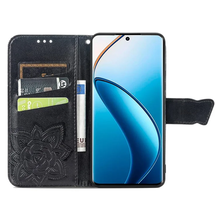 For Realme 12 Pro 5G / 12 Pro+ 5G Leather Case Imprinted Butterfly Phone Cover with Handy Strap - Black