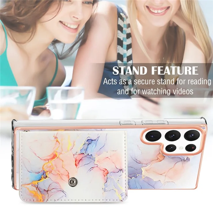 YB Leather Coating Series-9 for Samsung Galaxy S22 Ultra 5G Phone Case Card Holder Kickstand IMD Cover - 004 Marble White