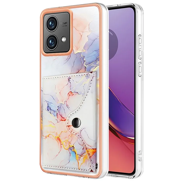 YB Leather Coating Series-9 for Motorola Moto G84 5G Case Card Holder Kickstand IMD Leather+TPU Phone Cover - 004 Marble White