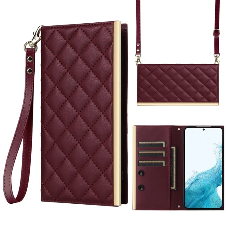 For Samsung Galaxy S22 5G Case Rhombus Grid PU Leather Wallet Suction Cup Phone Cover - Wine Red