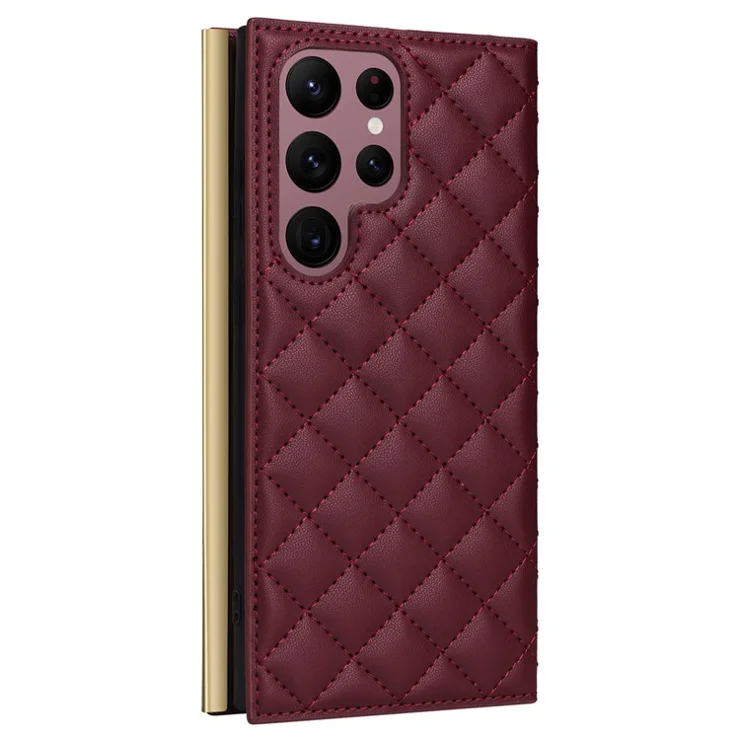 For Samsung Galaxy S22 Ultra 5G Wallet Case PU Leather Flip Phone Cover with Shoulder Strap - Wine Red