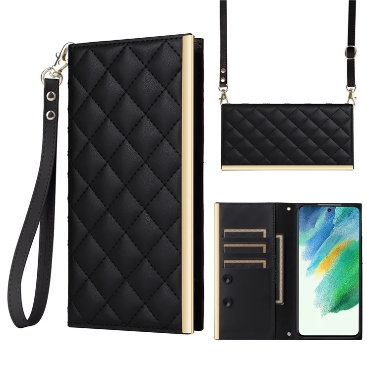 For Samsung Galaxy S21 FE 5G Leather Case Suction Cup 3 Card Slots Phone Cover - Black