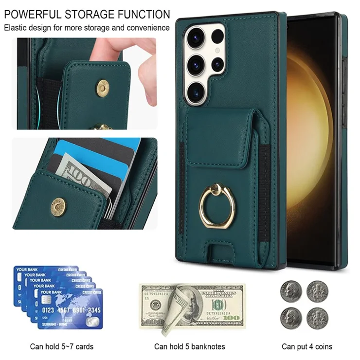 For Samsung Galaxy S23 Ultra Case Leather + TPU Kickstand Card Holder Phone Cover - Green