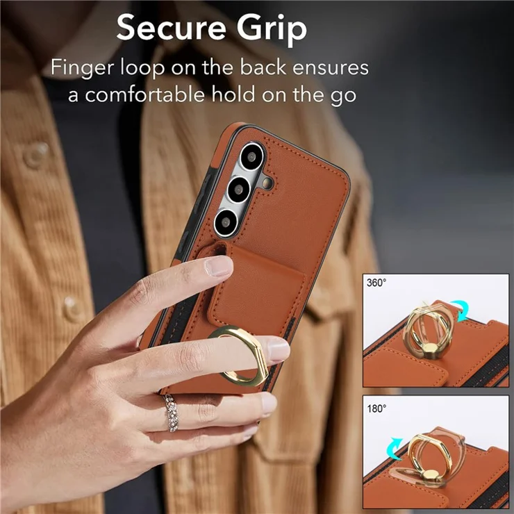 For Samsung Galaxy S24 Case Leather Coated TPU Kickstand Card Holder Phone Cover - Brown