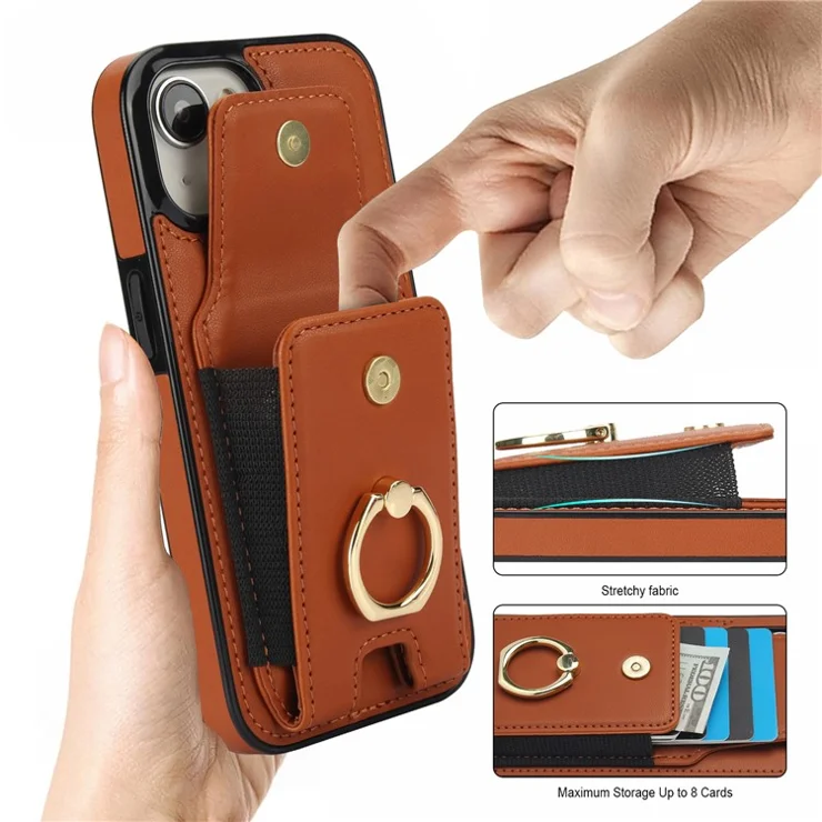 For iPhone 14 Plus Case PU+TPU Kickstand Card Holder Phone Cover - Brown