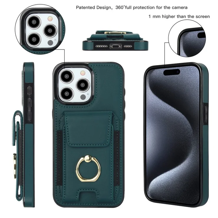 For iPhone 14 Pro Max Case Card Holder Kickstand Leather Coated TPU Phone Cover - Green