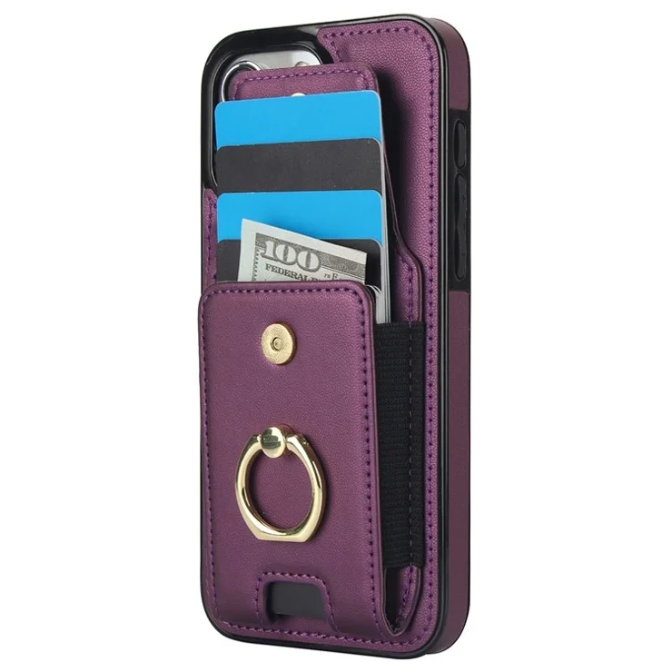 For iPhone 14 Pro Max Case Card Holder Kickstand Leather Coated TPU Phone Cover - Purple