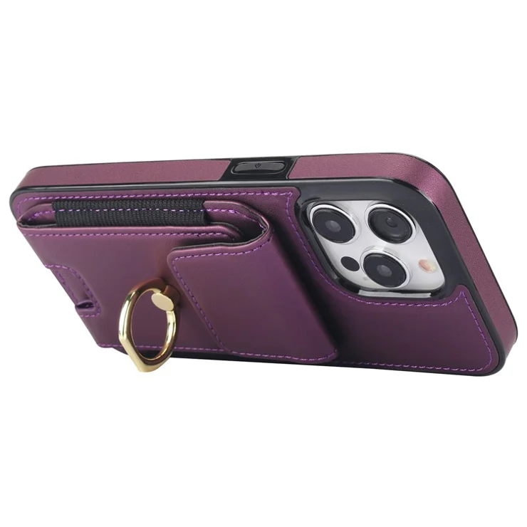 For iPhone 14 Pro Max Case Card Holder Kickstand Leather Coated TPU Phone Cover - Purple