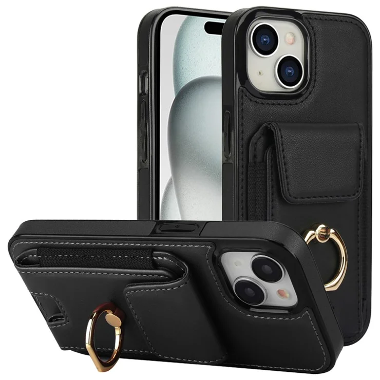 For iPhone 15 Kickstand Case Leather + TPU Phone Cover with Card Holder - Black