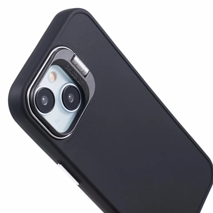QH Series for iPhone 14 Silicone Case Lens Frame Kickstand Drop-proof Back Cover - Black